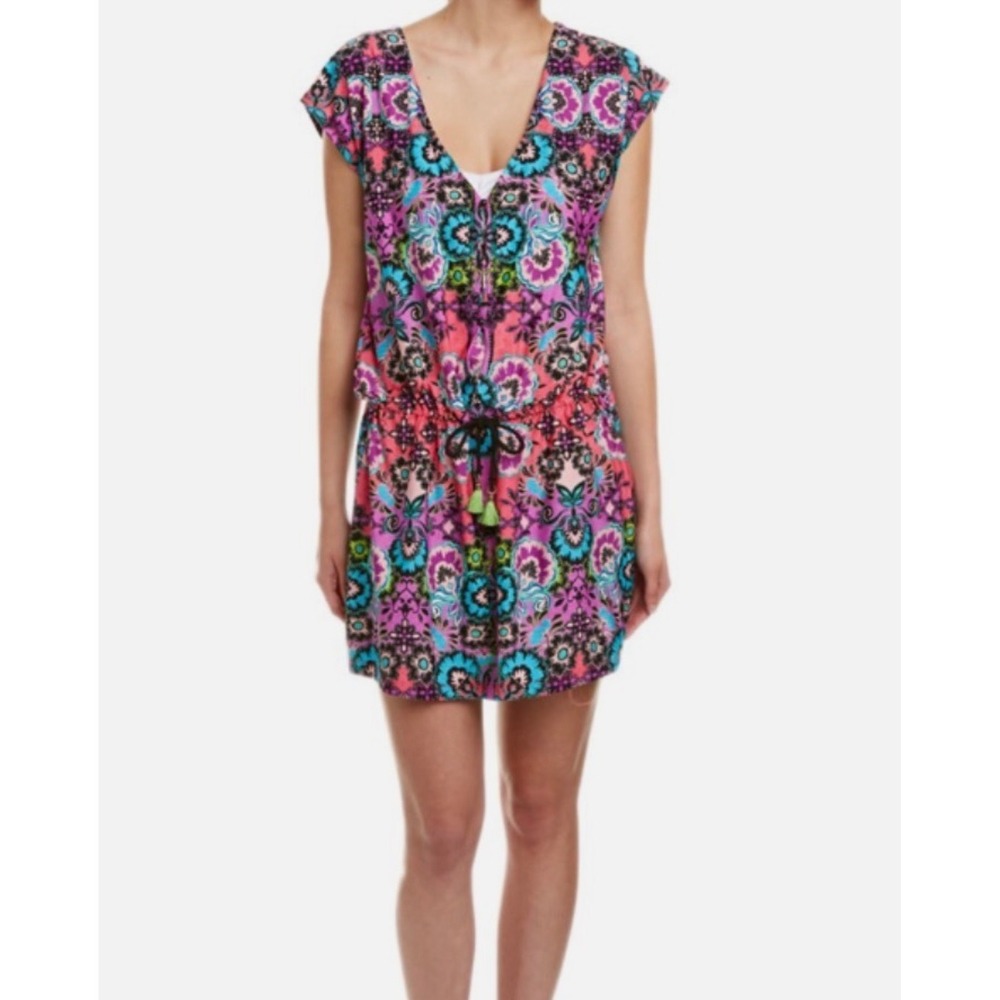 Nanette Lepore Swim Floral Paisley Cover Up Dress Pink Turquoise Small Y2K boho
